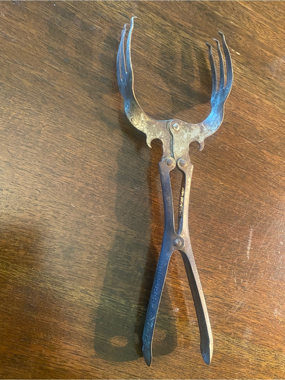Vintage Antique Mechanical Scissor Action Salad Serving Tongs Dual Forks ~10”